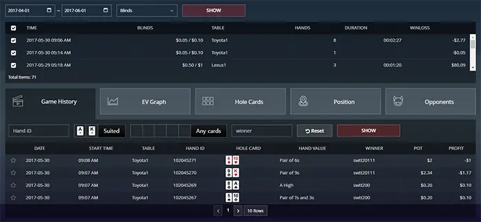 GGpoker 牌局历史记录界面