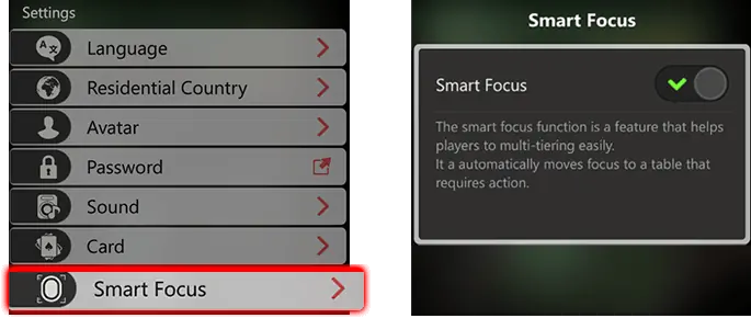 GG扑克牌桌功能：智能对焦开关设置界面