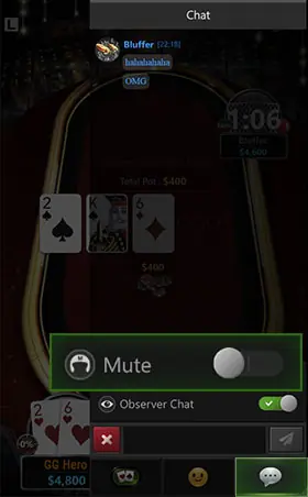 GG扑克牌桌聊天静音模式开关按钮界面